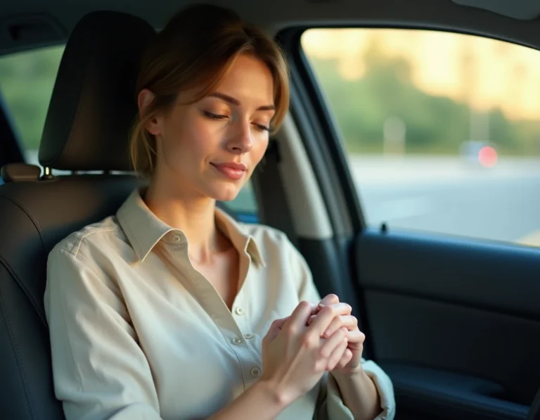 Femme appliquant une pression sur le point d'acupression P6 au poignet pour soulager le mal des transports en voiture