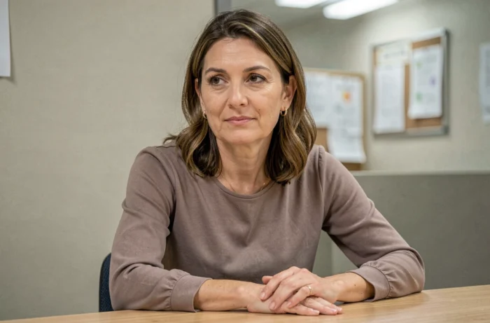 Portrait intimiste d'une femme au regard introspectif assise dans un centre d'aide sociale, ambiance documentaire et sobre