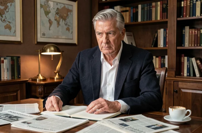 Portrait mystérieux d'un homme d'affaires discret assis dans un bureau feutré, illustrant Jonathan Halls