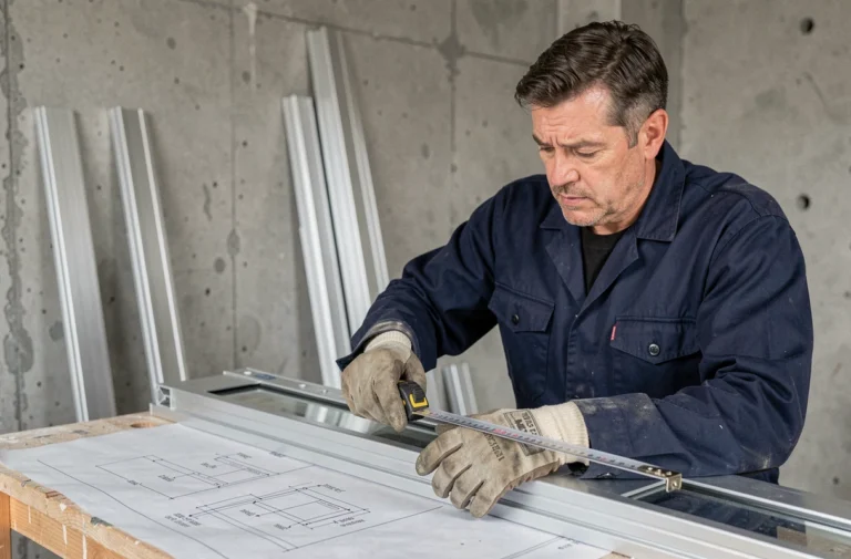 Artisan mesurant un profilé en aluminium pour la pose d'une fenêtre dans un chantier résidentiel