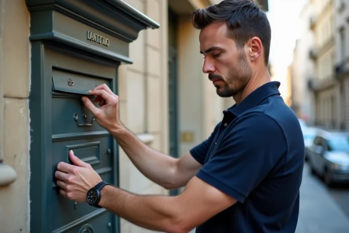 Homme posant une étiquette de boîte aux lettres personnalisée sur un interphone d'immeuble en pierre