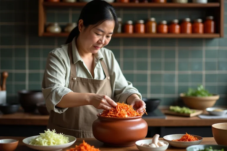 Femme coréenne préparant du kimchi fait maison dans un pot en terre cuite, entourée d'ingrédients traditionnels pour la fermentation