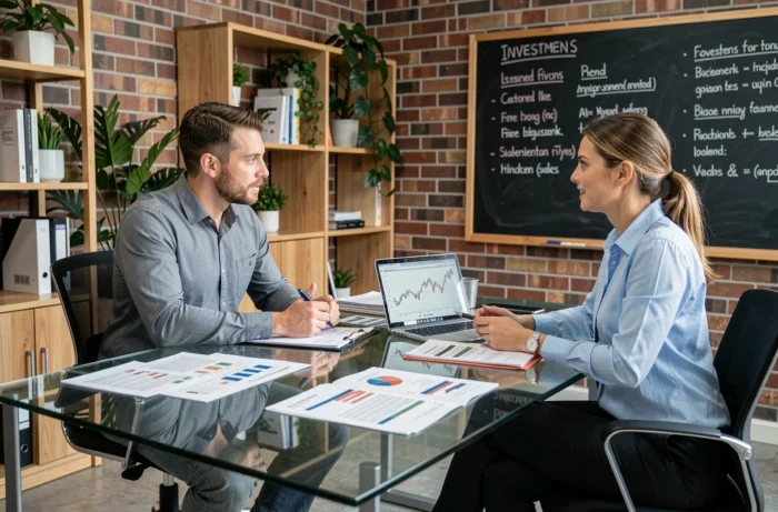 Deux professionnels de l'immobilier en réunion stratégique autour de rapports financiers et de listes de propriétés dans un espace de coworking moderne