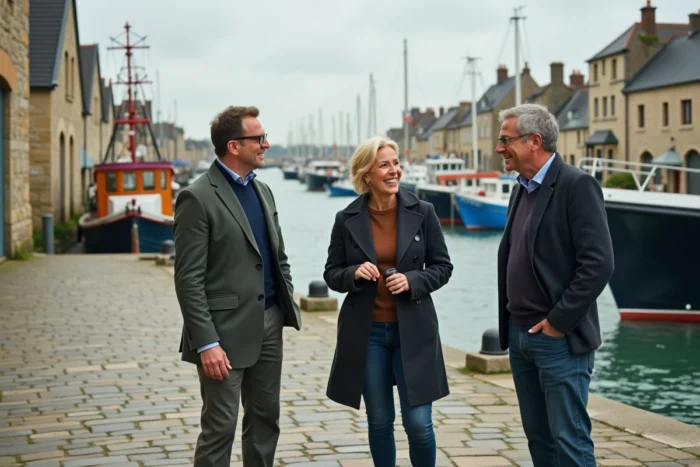 Groupe de professionnels discutant d'actualités économiques sur le quai d'un port normand
