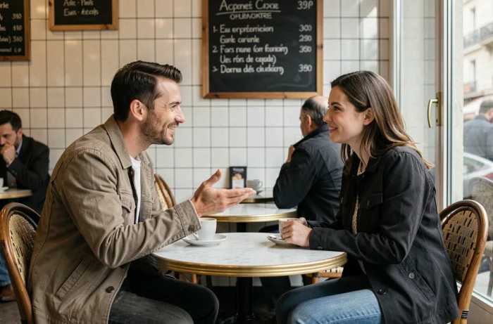 Deux adultes en conversation animée dans un café parisien, illustrant l'échange d'opinions et de questions en français