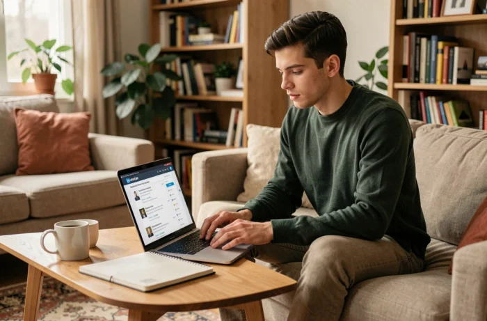 Jeune professionnel recherchant des offres d'emploi sur LinkedIn depuis son salon avec un ordinateur portable, stratégie de recherche d'emploi à domicile en 2024