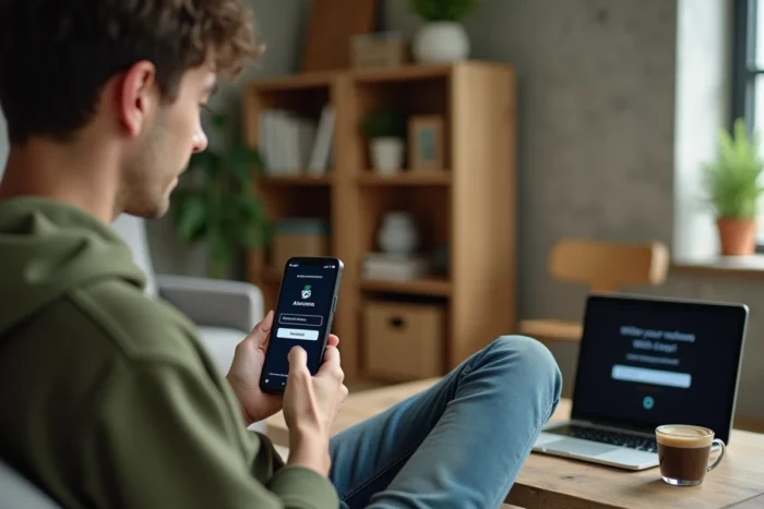 Jeune adulte tentant de réinitialiser son mot de passe sur le portail Arena depuis un smartphone et un ordinateur portable
