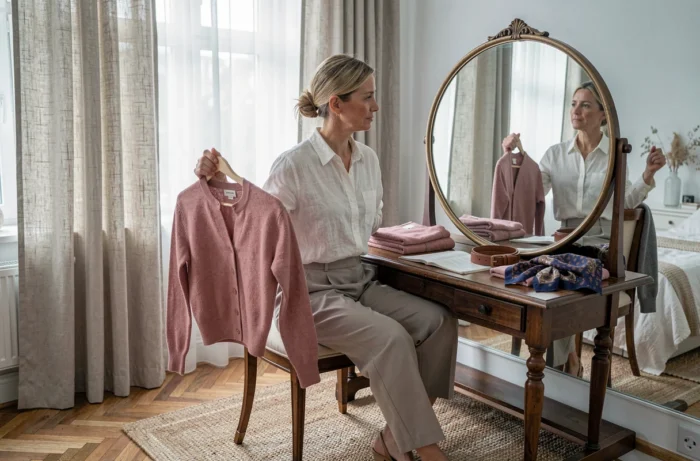 Femme choisissant de nouveaux vêtements tendance posés sur une coiffeuse en bois dans une chambre élégante