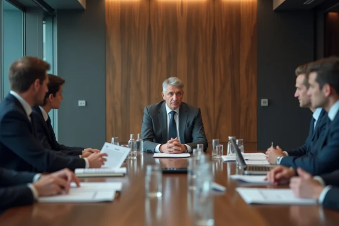 Réunion de direction dans une salle de conférence d'entreprise aéronautique avec documents financiers sur la table