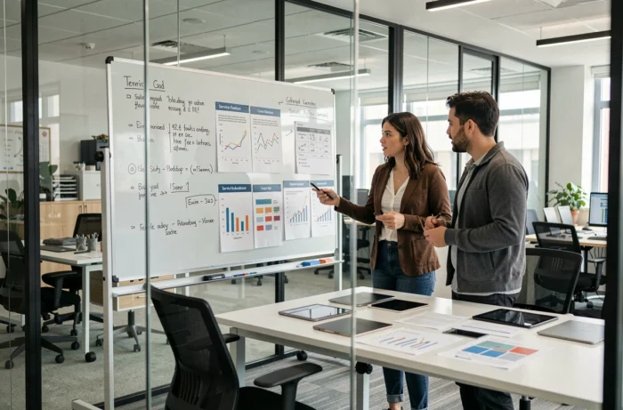 Équipe professionnelle analysant et comparant deux services numériques lors d'une réunion en salle de réunion moderne