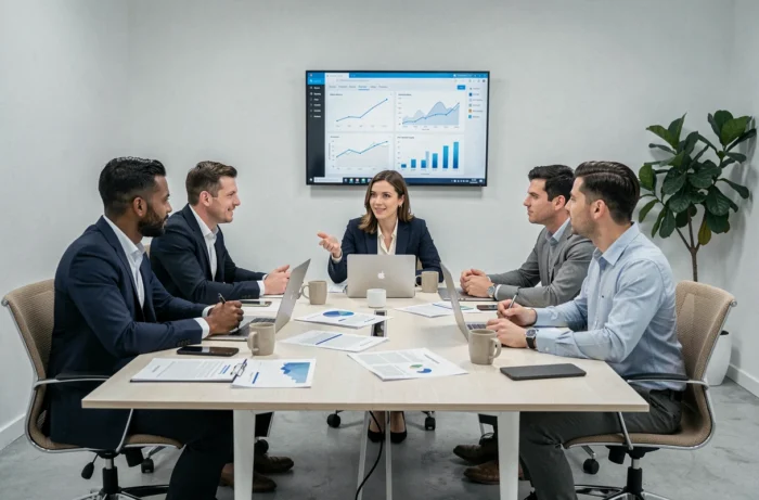Équipe de professionnels en réunion stratégique autour d'une table de conférence moderne, symbolisant la collaboration et les stratégies business incontournables en 2024
