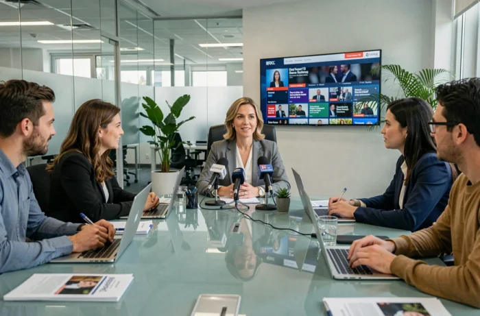 Professionnelle des médias animant une réunion de presse dans un bureau moderne d'agence médiatique, représentant les services d'information de Full Press Info