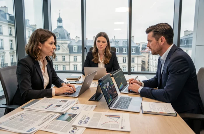 Professionnels analysant des données sur la richesse des pays et le classement économique mondial en salle de conférence