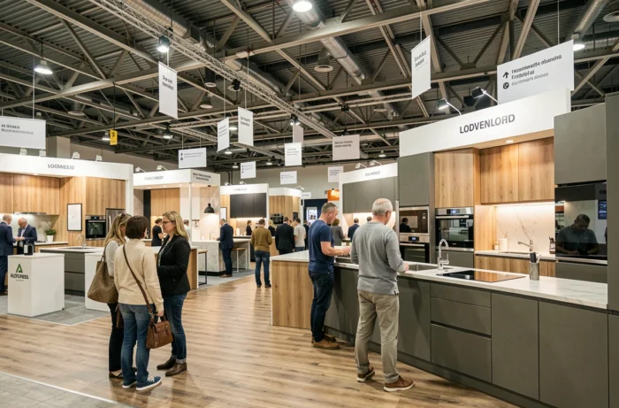 Vue large des différentes rubriques du Salon Tendances Habitat avec visiteurs explorant les espaces cuisine et salon