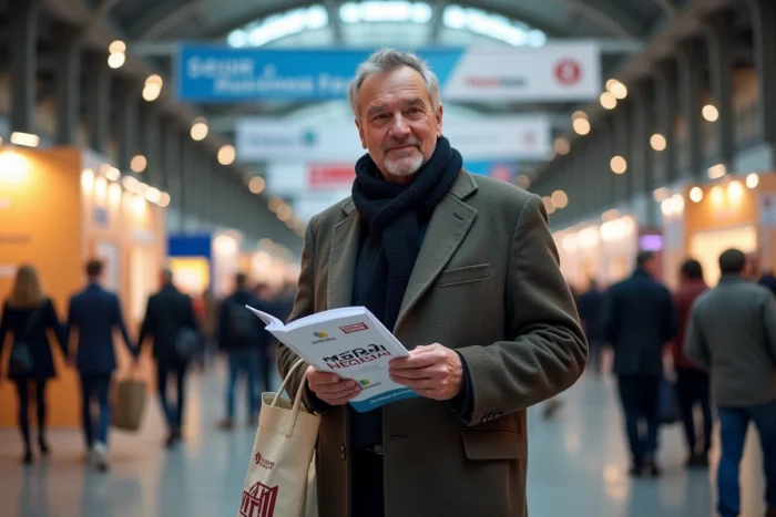 Chef d'entreprise normand lors d'un salon économique régional avec stands professionnels en arrière-plan