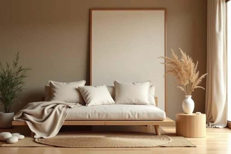 Salon minimaliste zen avec canapé en lin naturel, vase céramique et écran shoji pour une déco harmonieuse et apaisante