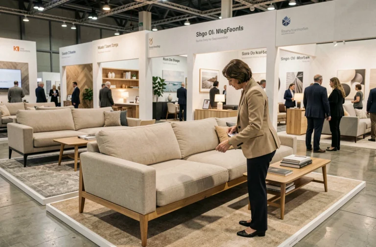 Femme visitant le Salon Tendances Habitat et examinant un canapé scandinave dans un hall d'exposition moderne