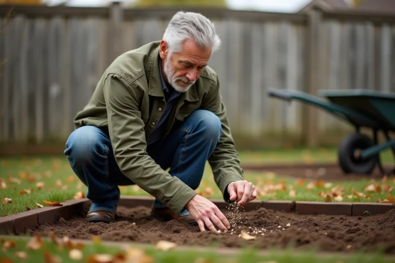 Homme semant des graines de gazon à la main dans un jardin en automne, sol nu préparé pour ensemencement