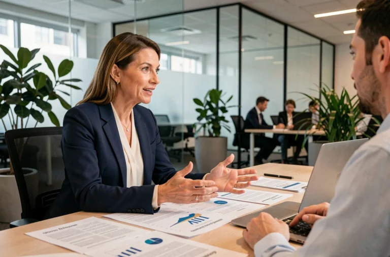 Femme d'affaires discutant de services sur-mesure avec un collègue dans un bureau moderne