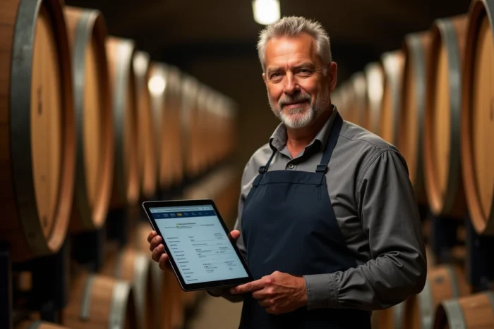 Sommelier consultant la navigation par sitemap d'un site viticole sur tablette dans un chai de barriques