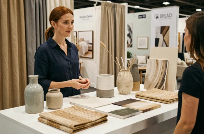 Exposante présentant des objets décoratifs tendance à un stand du Salon Tendances Habitat