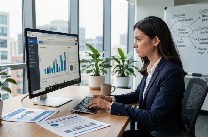 Professionnelle en marketing analysant une stratégie SEO sur un écran d'ordinateur dans un bureau moderne