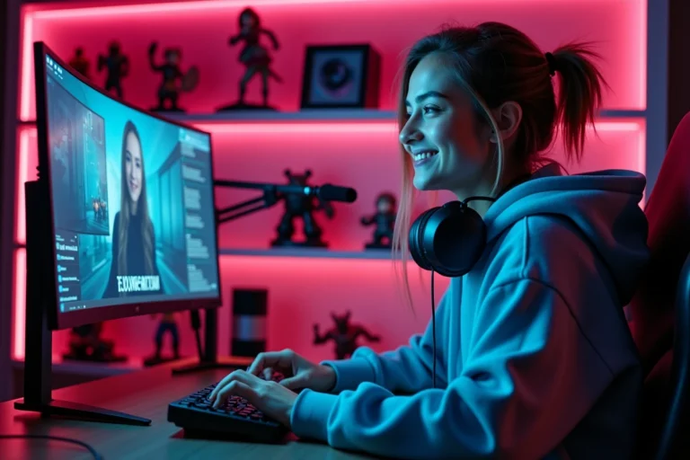 Jeune streameuse assise devant son bureau gaming avec casque et microphone, souriant à l'écran lors d'un stream en direct