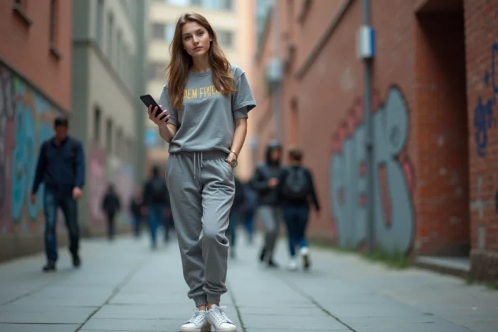 Jeune femme streameuse en tenue streetwear dans une rue urbaine moderne, tenant un smartphone avec une expression détendue et confiante