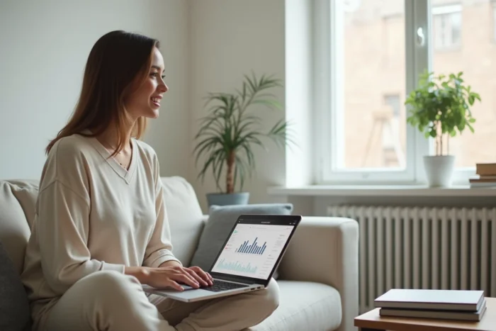 Streameuse assise sur un canapé avec son ordinateur portable ouvert dans un salon minimaliste, parlant avec enthousiasme lors d'une session créative