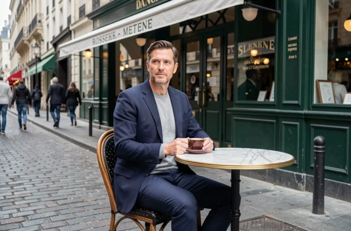 Homme élégant en blazer marine et pull en laine grise assis dans un café de rue français, style vestimentaire chic et classique au quotidien