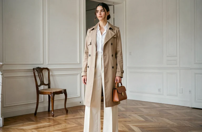 Femme élégante en trench coat beige et pantalon large ivoire dans un appartement parisien minimaliste, style chic et intemporel