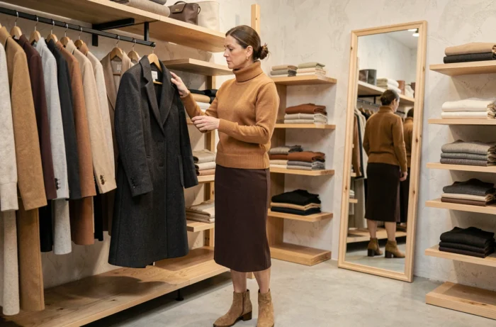 Femme élégante en pull camel et jupe midi dans une boutique de mode intemporelle, conseils style vestimentaire chic au quotidien