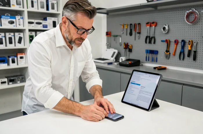 Technicien diagnostiquant un problème sur un smartphone Android dans une boutique de réparation minimaliste
