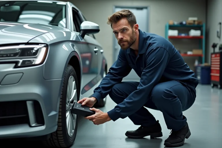 Technicien automobile diagnostiquant le voyant EPC sur une Audi avec un scanner OBD-II dans un garage professionnel