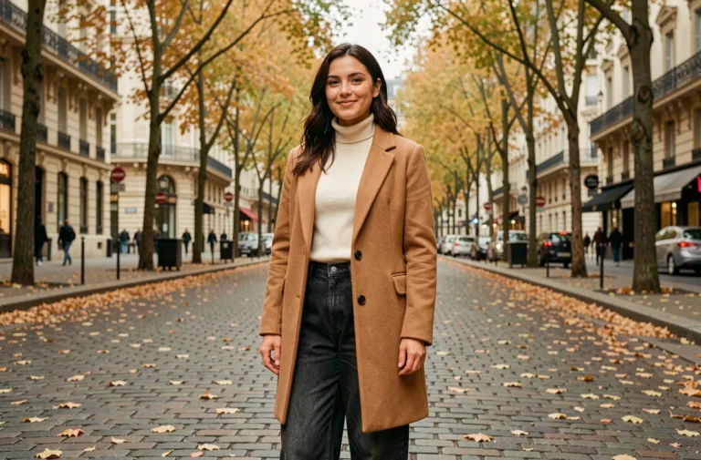 Femme élégante en manteau camel et jean large sur un boulevard parisien en automne, look mode tendance saison