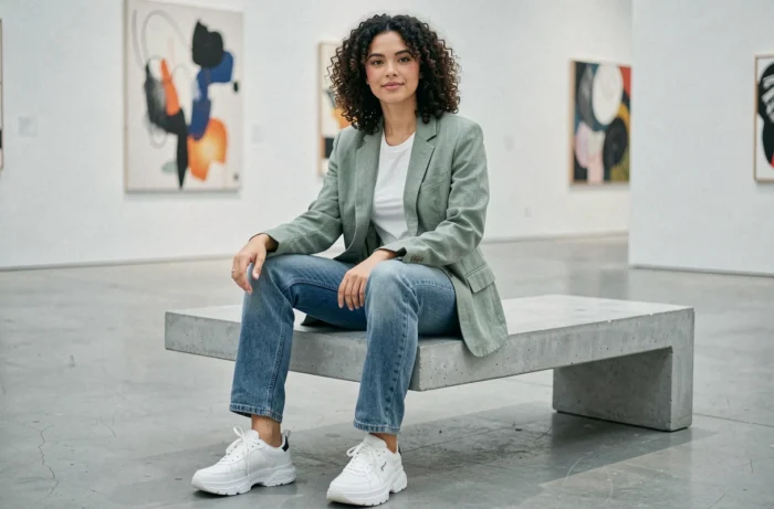 Femme en blazer vert sauge et jean droit assise dans une galerie d'art contemporaine, style décontracté chic tendance 2024