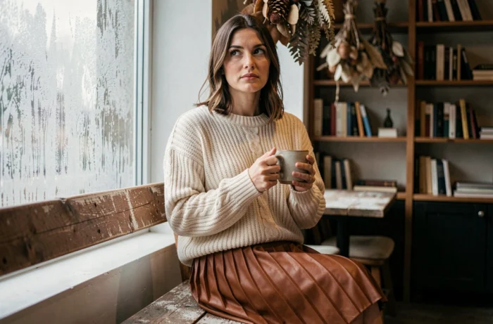 Femme en pull en maille épaisse et jupe en cuir dans un café chaleureux en hiver, look mode tendance hiver