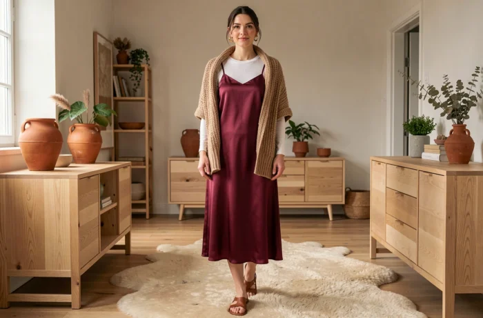 Femme en robe satin bordeaux layering pull cardigan beige dans un appartement scandinave, look mode féminine tendance automne hiver