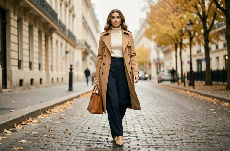 Femme élégante en trench coat camel et pantalon large marine marchant dans une rue parisienne pavée en automne, look mode tendance