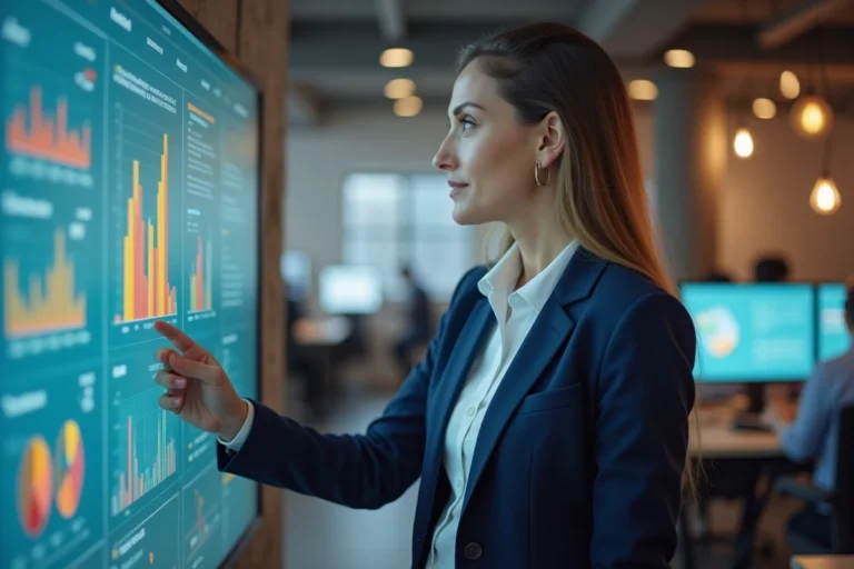 Femme professionnelle en blazer marine présentant des tendances marketing digitales sur un écran interactif dans un bureau moderne