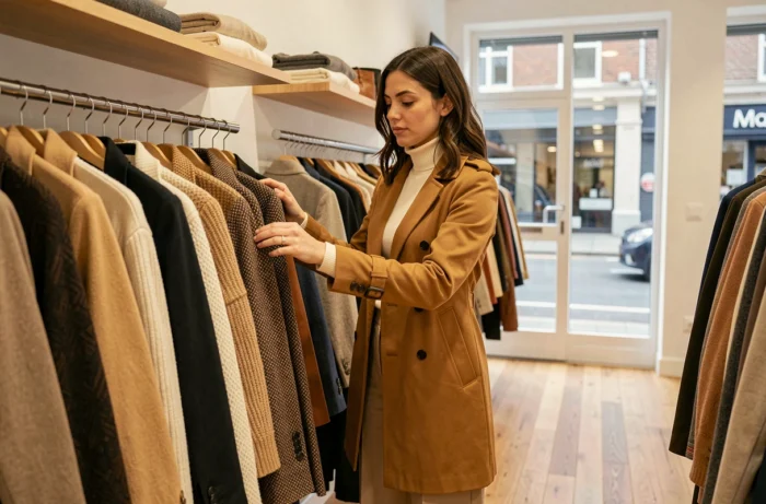 Femme en trench-coat camel explorant les nouvelles tendances mode dans une boutique moderne et lumineuse