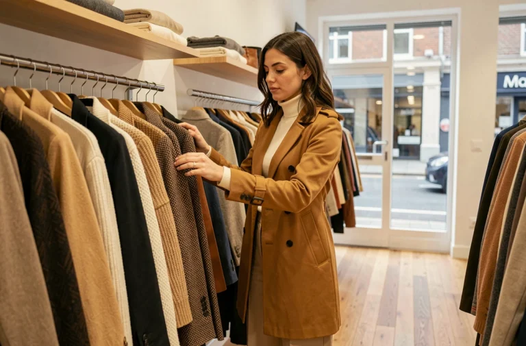 Femme en trench-coat camel explorant les nouvelles tendances mode dans une boutique moderne et lumineuse