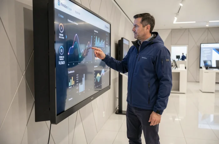 Homme professionnel interagissant avec un grand écran tactile interactif dans un showroom technologique moderne