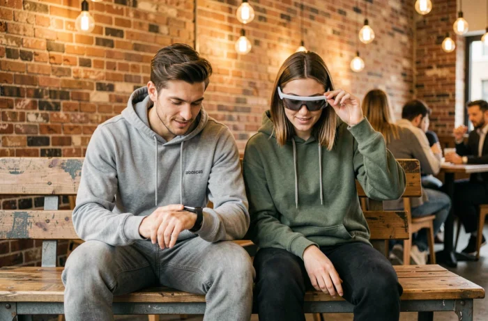 Deux jeunes adultes testant des appareils technologiques portables comme une montre connectée et des lunettes AR dans un café urbain tendance