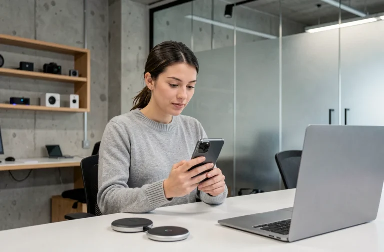 Femme explorant un smartphone pliable dernière génération dans un espace de travail tech moderne et minimaliste