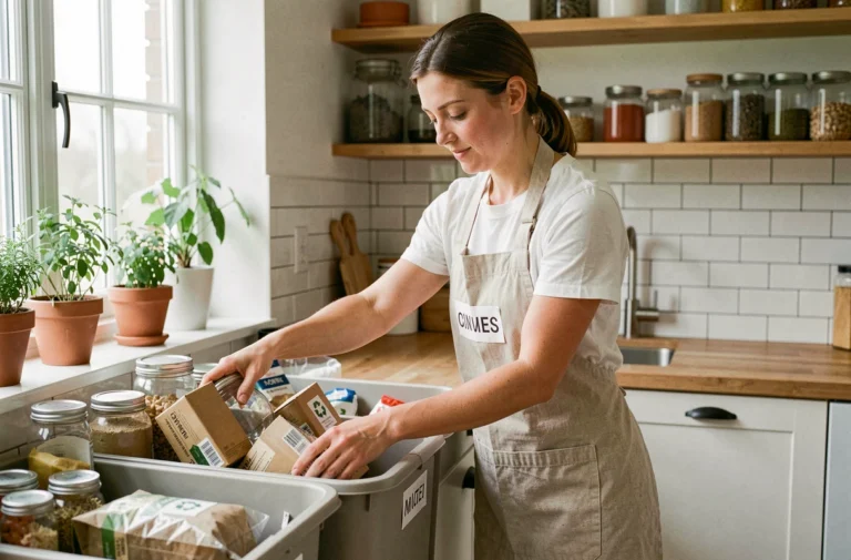 Femme triant des déchets recyclables dans une cuisine moderne avec des bocaux en verre et des bacs de tri étiquetés, mode de vie écologique à la maison