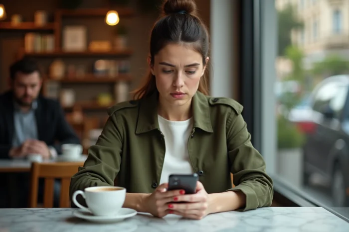 Jeune femme consultant son smartphone dans un café avec une expression méfiante, représentant la recherche de fiabilité d'un service comme Very Leak