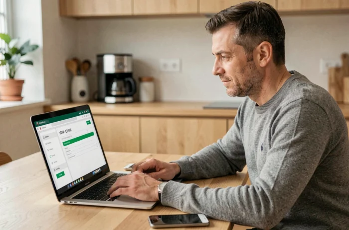 Homme en pull gris consultant un IBAN sur son ordinateur portable dans une cuisine moderne à domicile