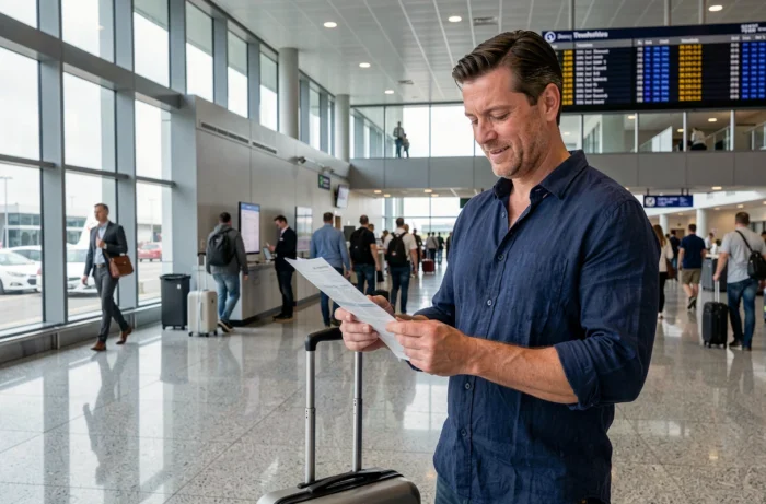 Voyageur consultant son itinéraire imprimé dans un terminal d'aéroport moderne avec valise à roulettes