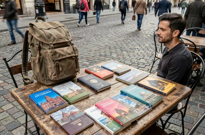Voyageur avec guides de voyage de capitales mondiales commençant par A posés sur une table de café européen